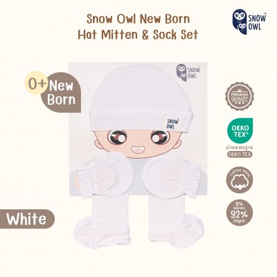 Snow owl R/S Newborn Hat Mitten&Socks Set หมวก,ถุงมือ,ถุงเท้า สีขาว สำหรับเด็กแรกเกิด  -  White